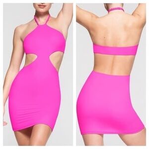 Skims Fits Everybody Halter Cut Out Mini Dress NWOT Neon Pink RARE